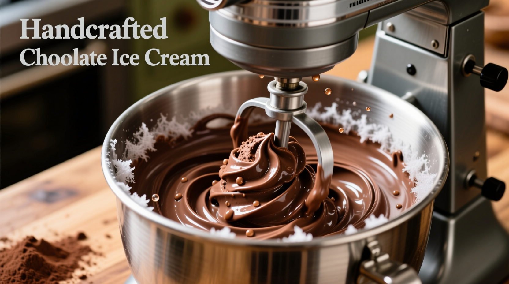 Homemade chocolate ice cream with visible cocoa swirls in ice cream maker
