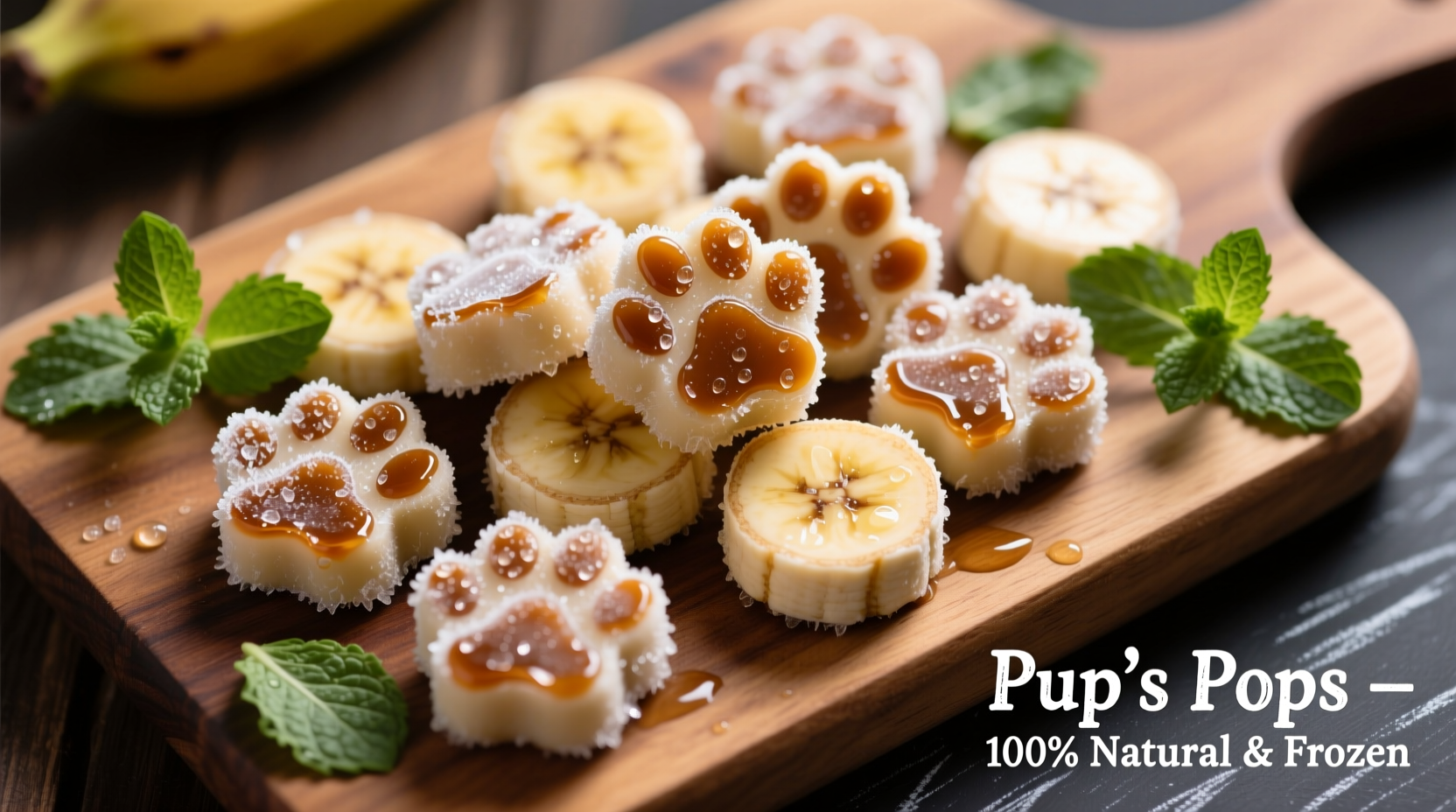 Frozen banana puppy treats on wooden board with mint garnish