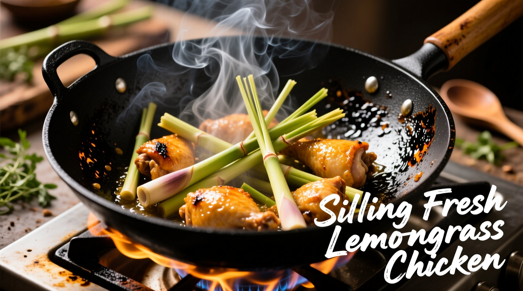 Fresh lemongrass chicken sizzling in wok