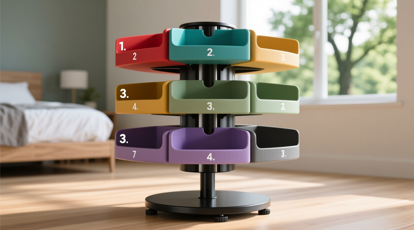 Customized DIY shoe organizer with rotating base and color-coded shelves