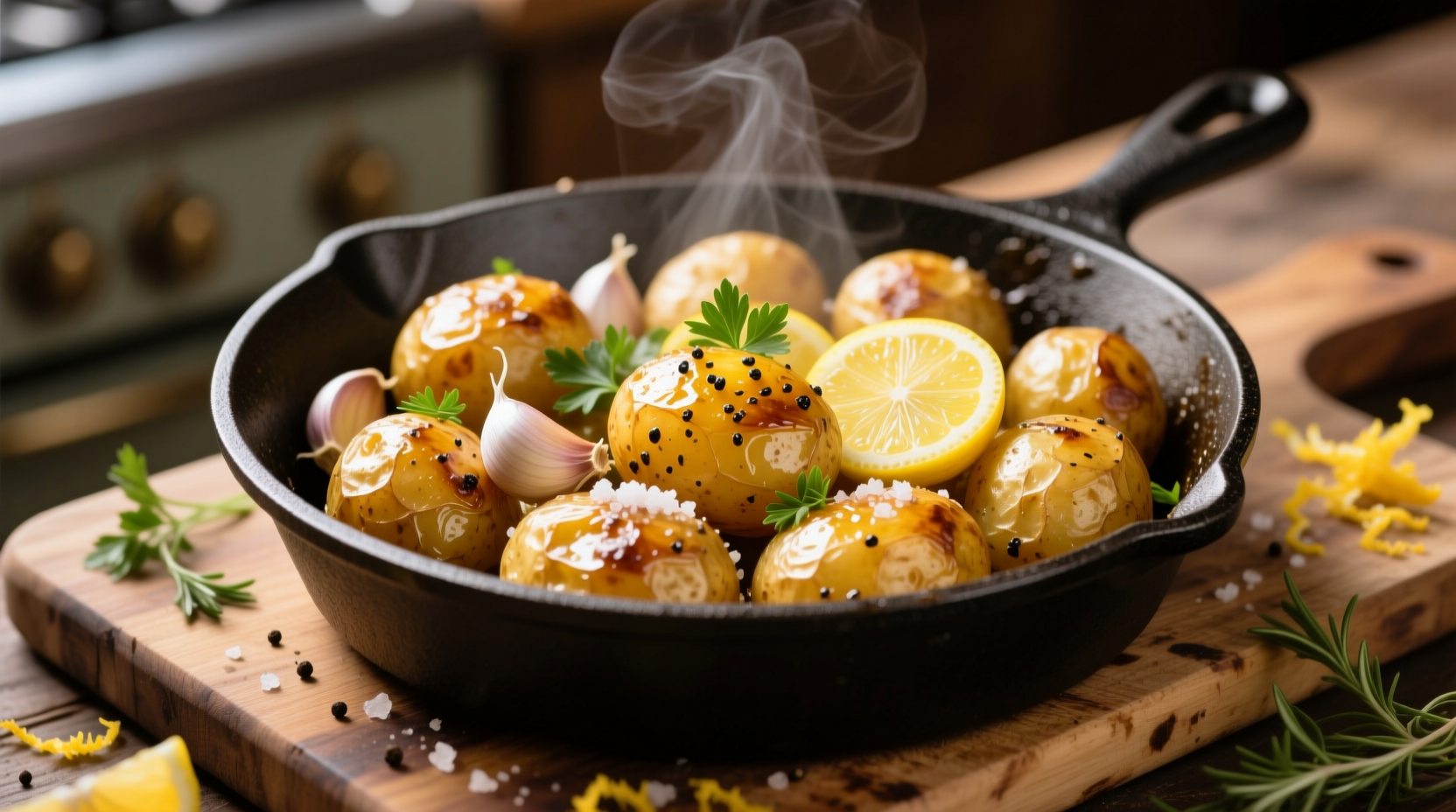 Golden roasted lemon garlic potatoes in cast iron skillet