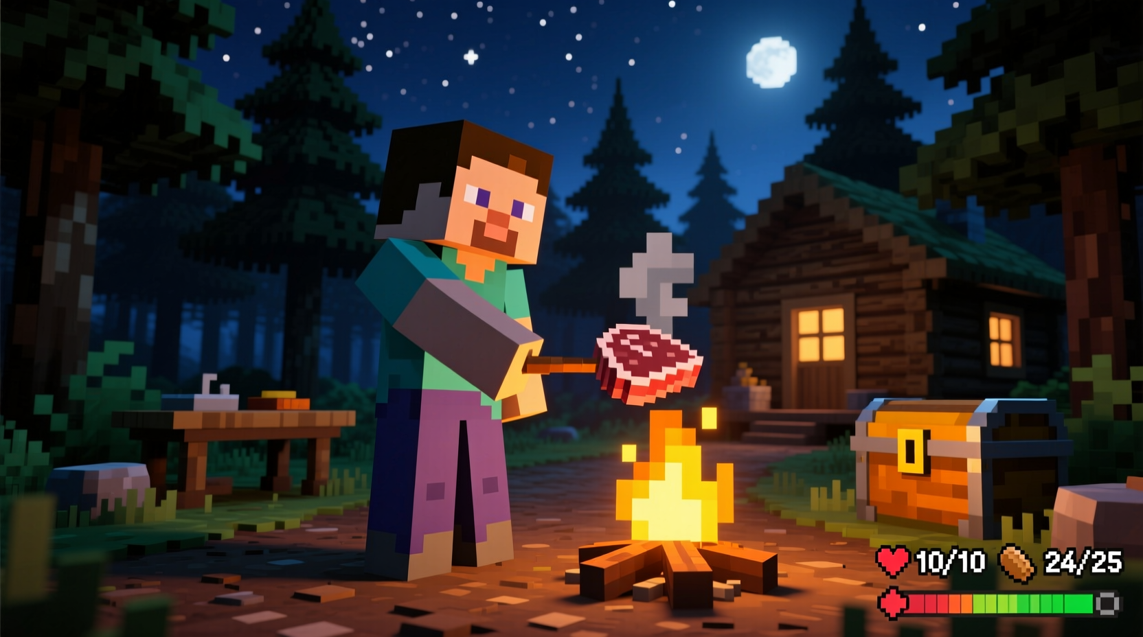 Player cooking meat over Minecraft campfire in survival mode