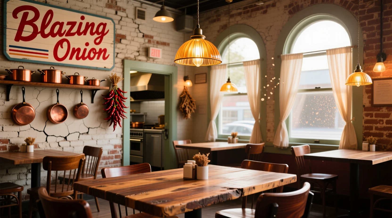Blazing Onion restaurant interior with exposed brick and wooden tables