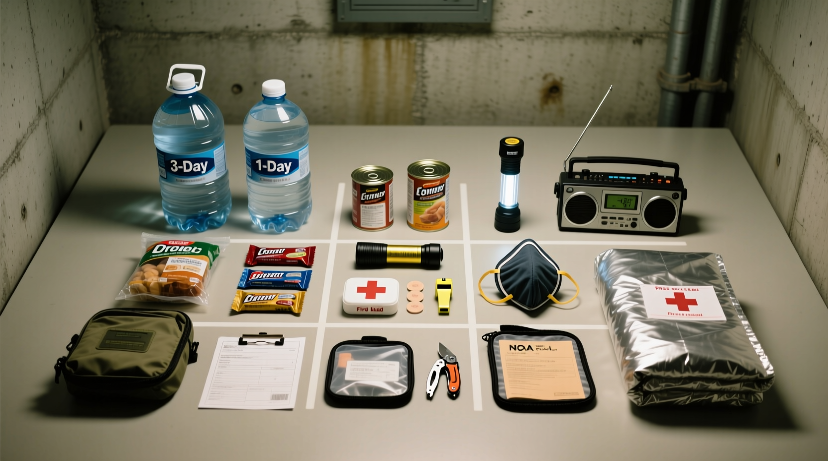 Essential tornado shelter survival kit components arranged neatly