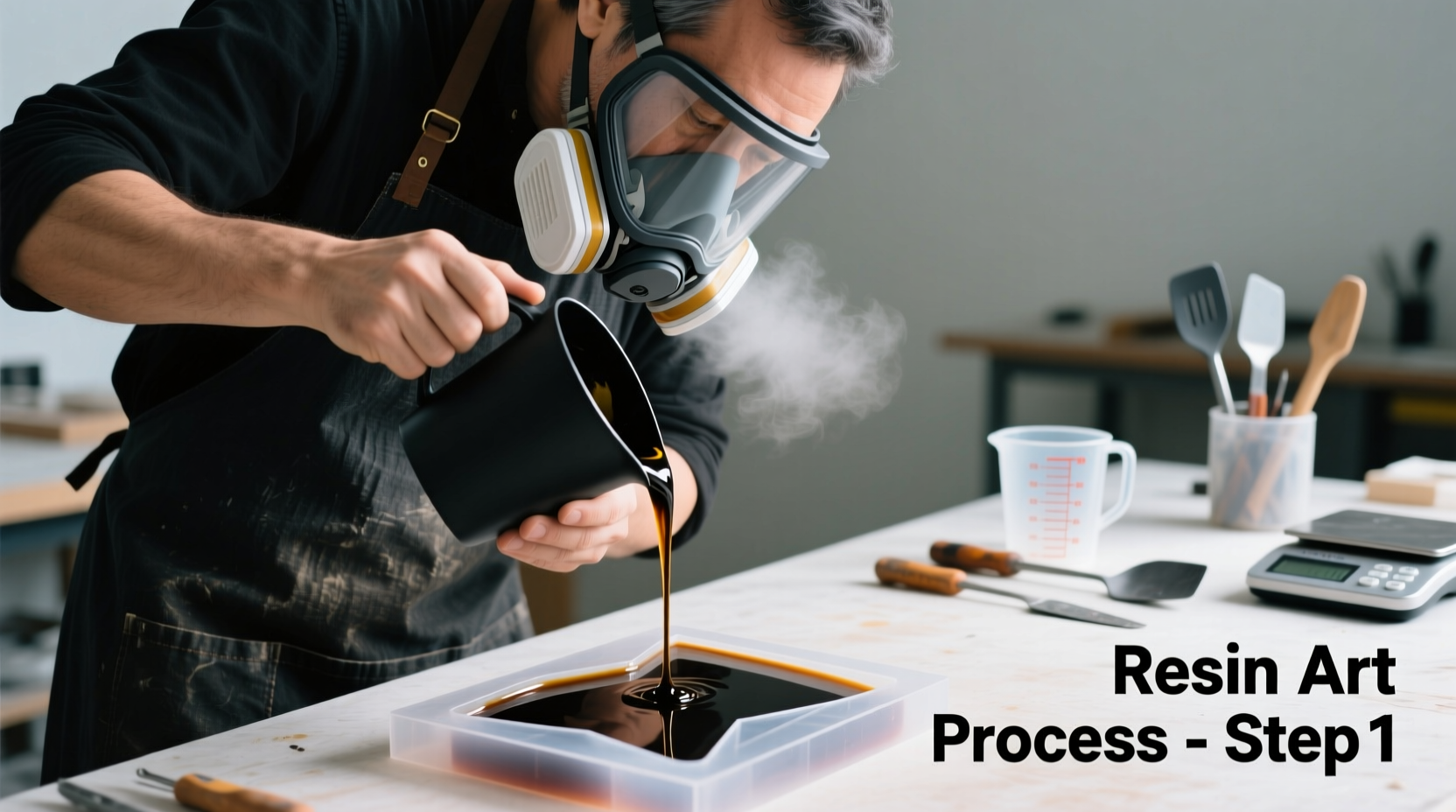 Artist wearing respirator while pouring epoxy resin