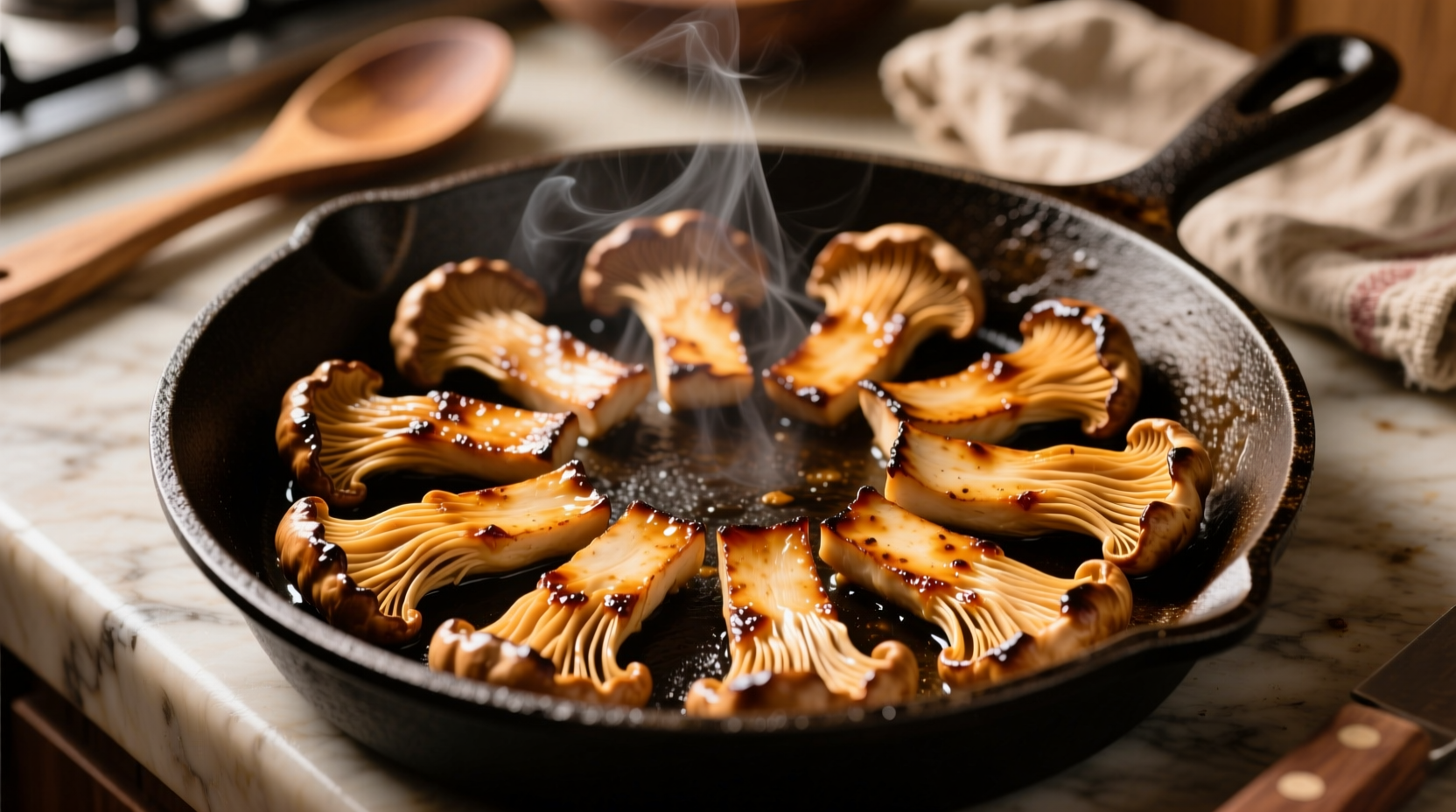 Perfectly seared lion's mane mushroom slices on cast iron