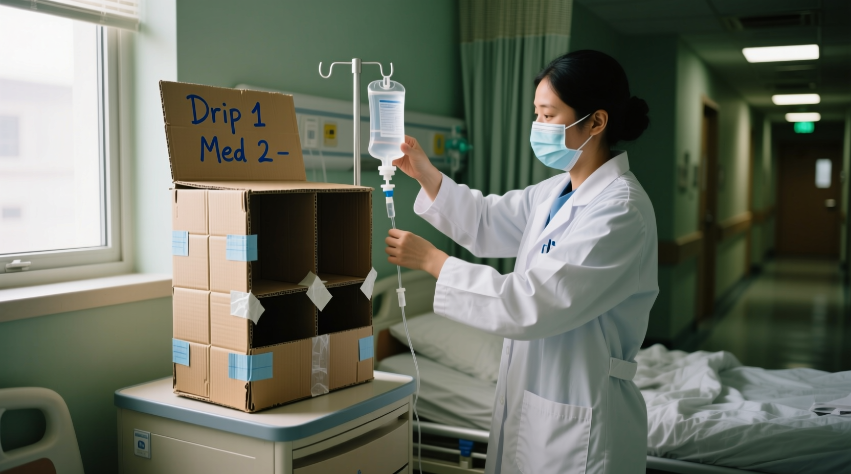 Hospital worker using makeshift IV organizer made from cardboard