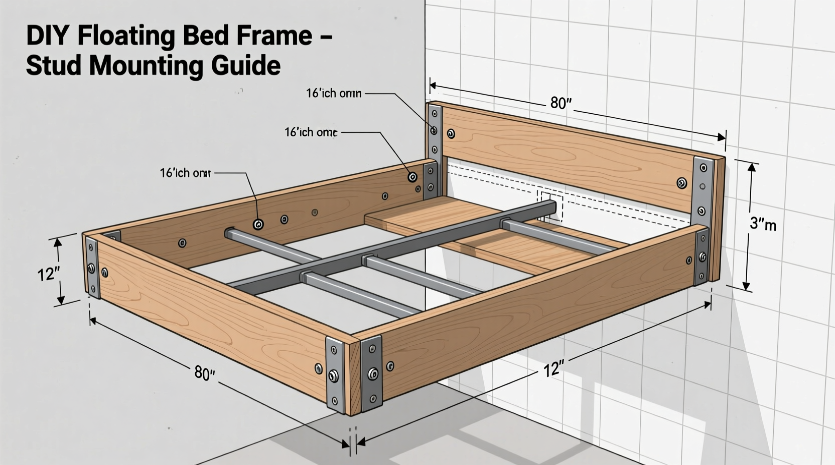 DIY floating bed frame stud mounting diagram with measurements