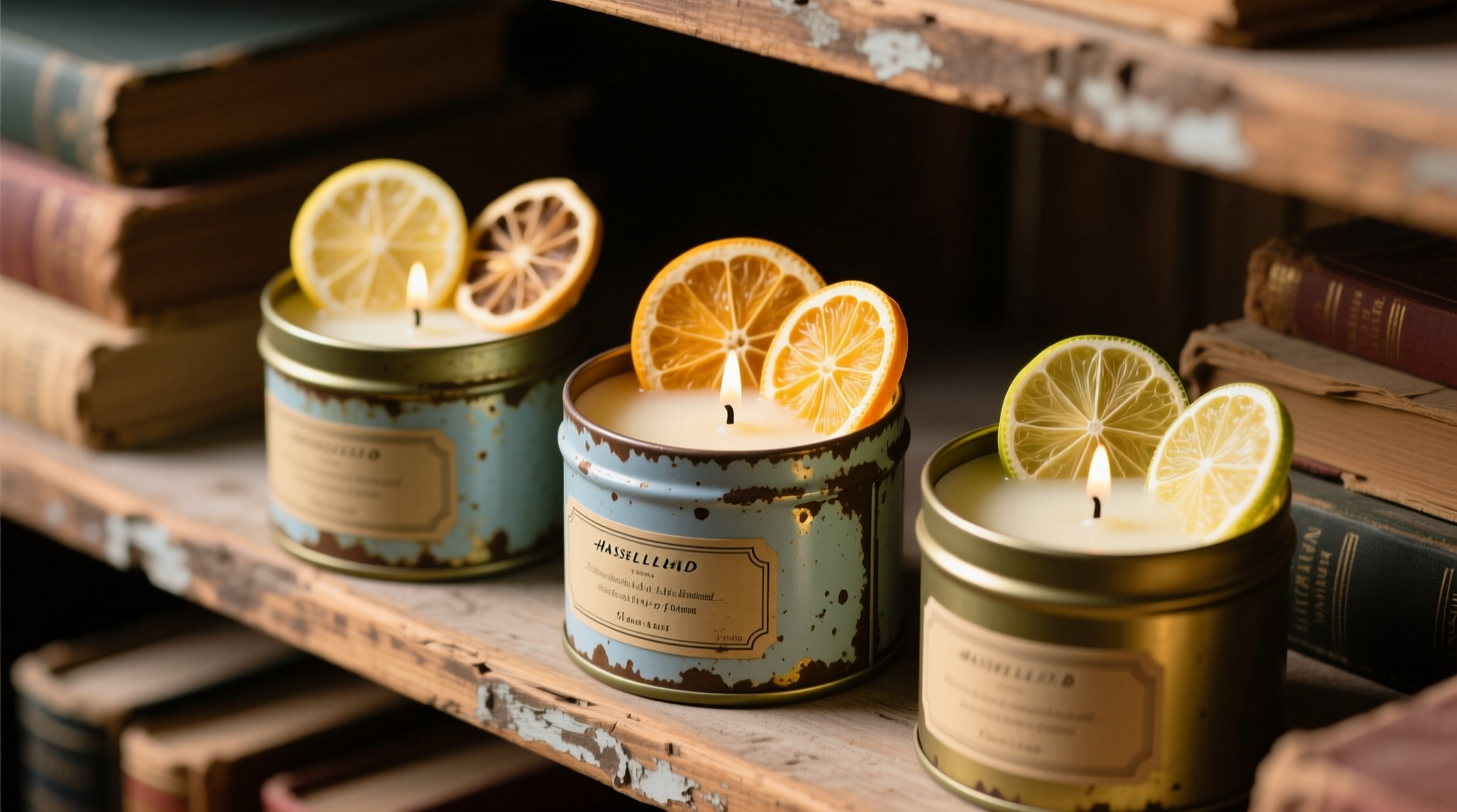 Hand-poured soy wax candles in vintage tins with dried citrus slices