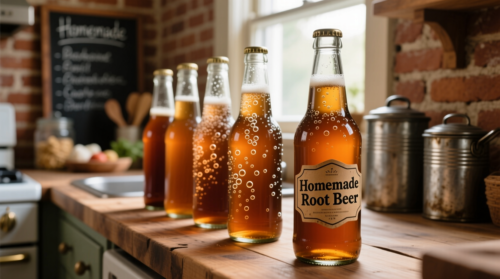 Fermenting root beer in plastic bottles on counter