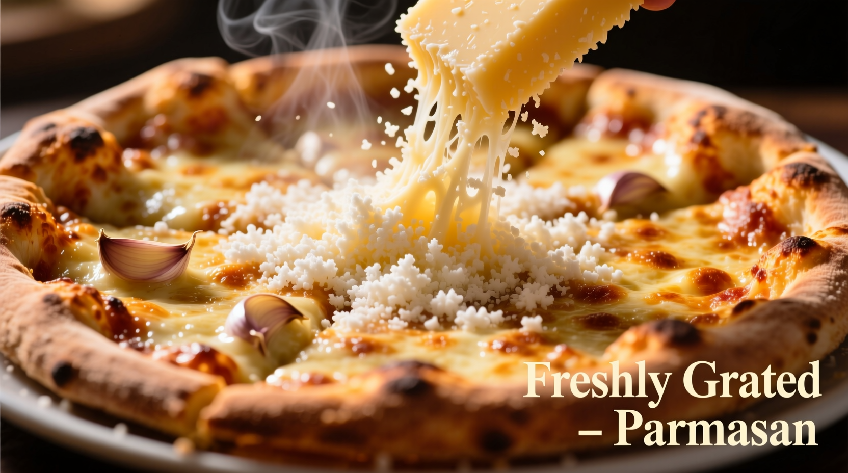 Freshly grated parmesan cheese sprinkled over golden garlic pizza