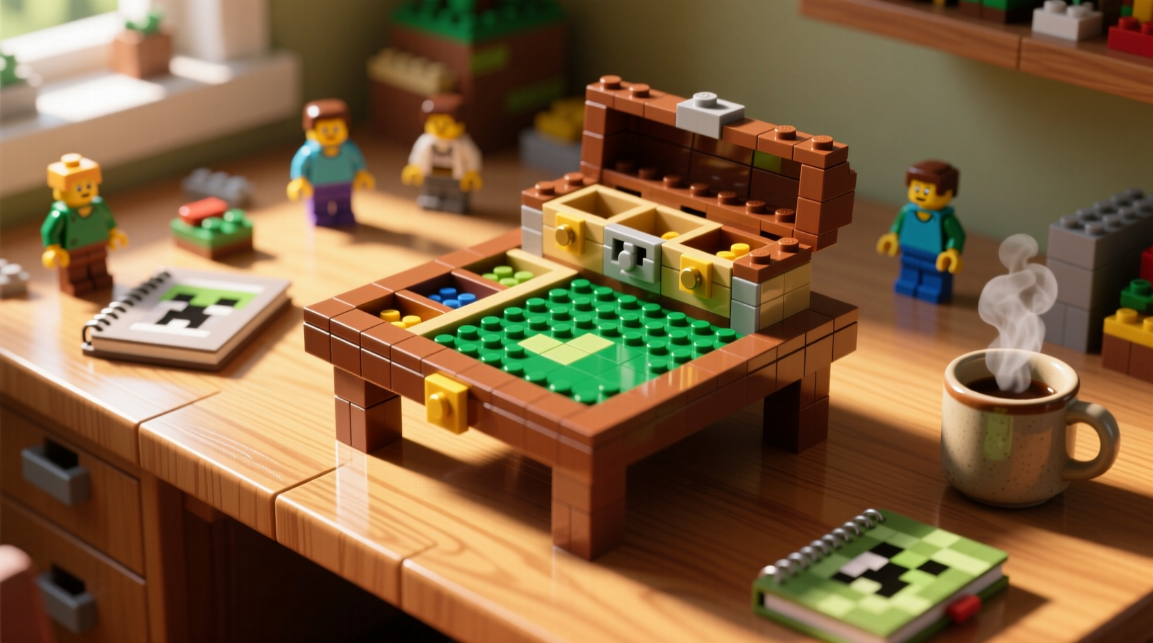 Completed LEGO Minecraft crafting table model on wooden desk