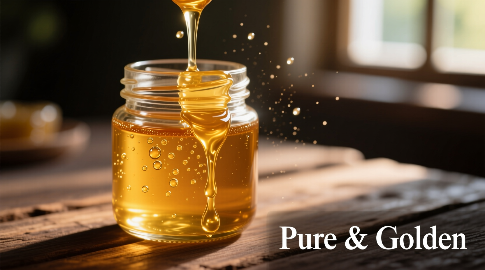 Glass honey jar with golden honey drizzle