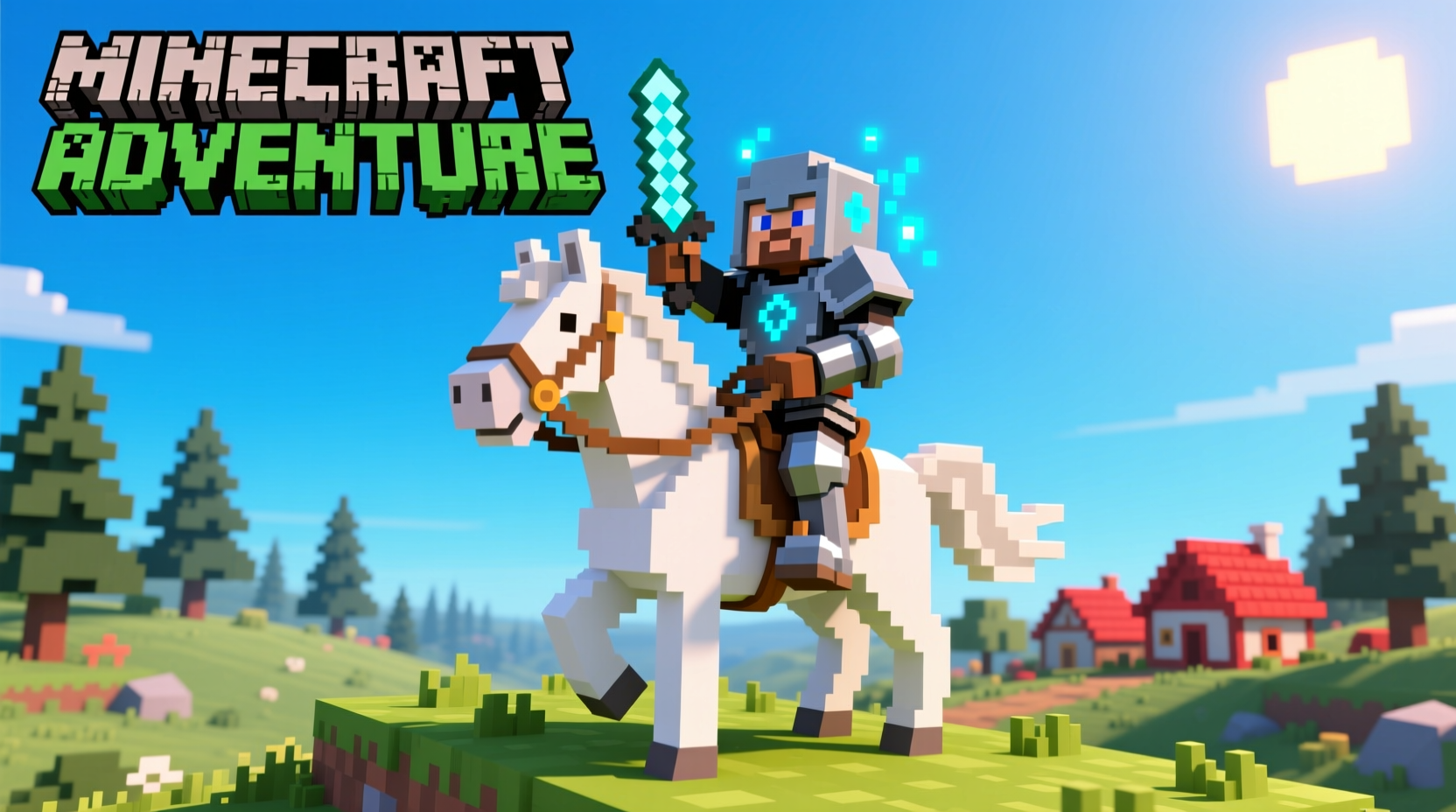Minecraft player riding horse with saddle and armor