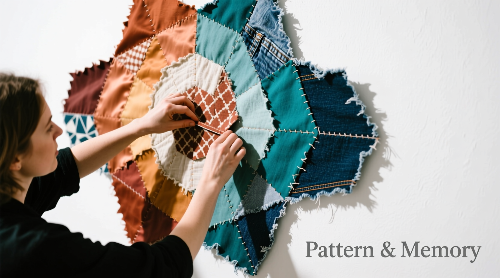 Textile artist arranging fabric scraps into geometric wall art