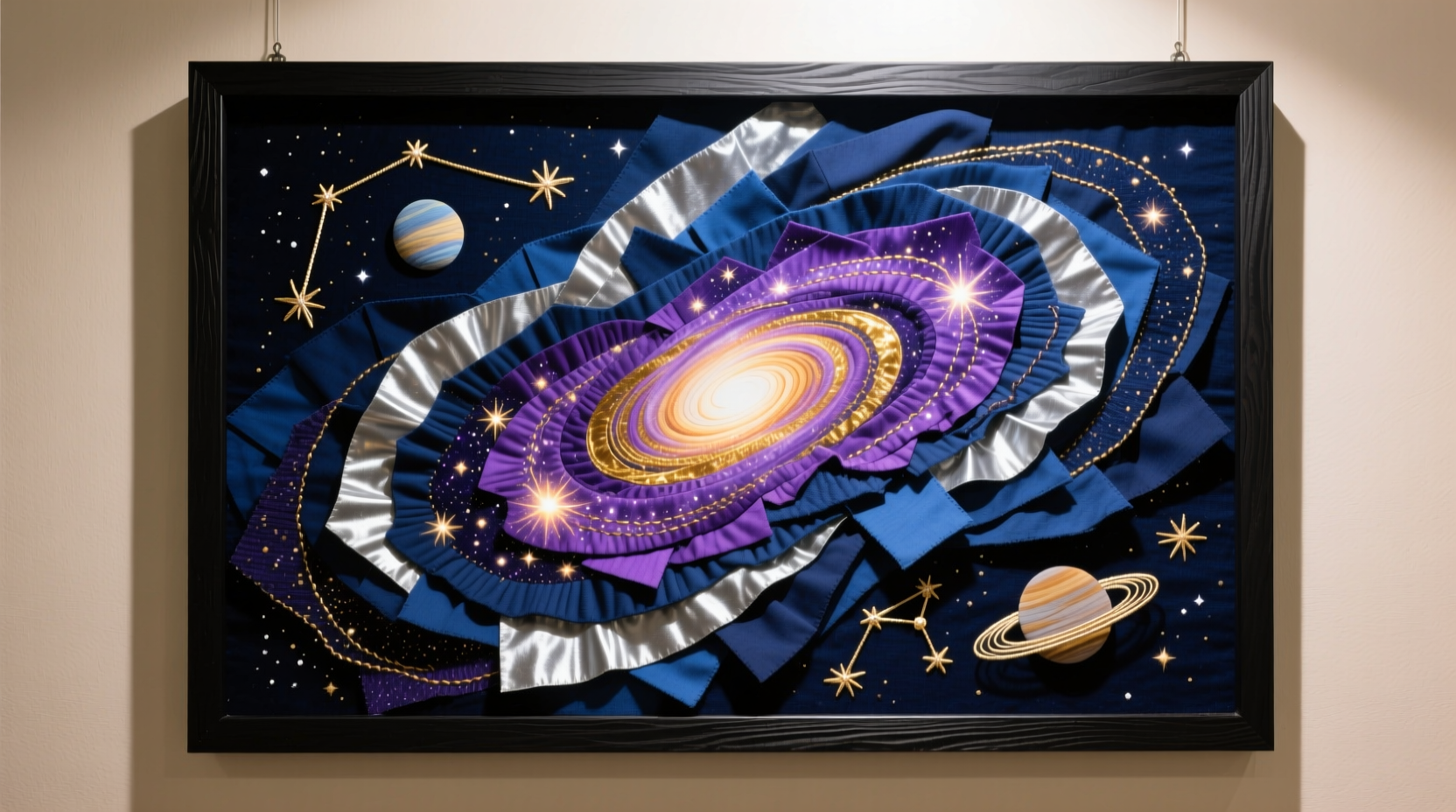 Recycled fabric scraps arranged into galaxy wall art