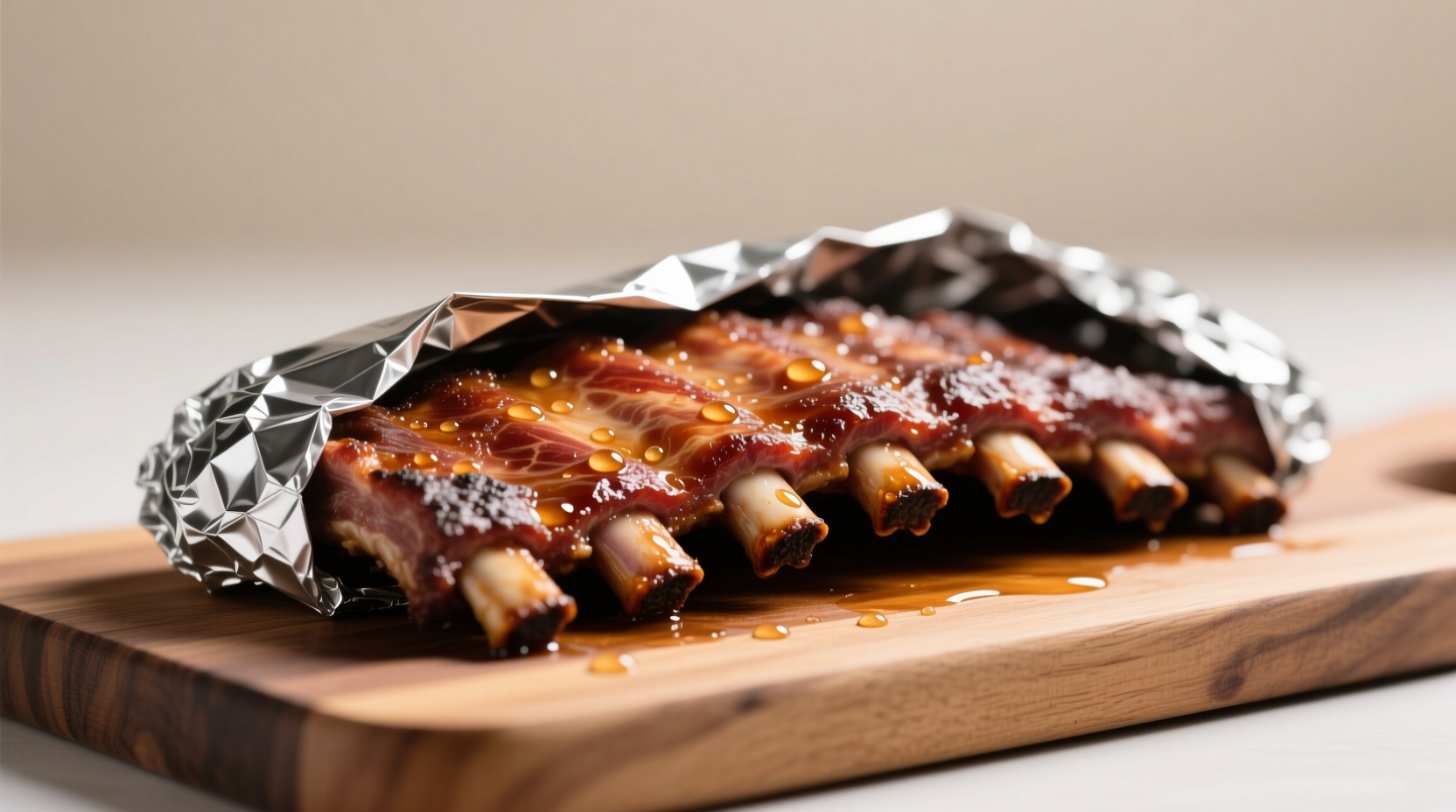 Foil wrapping with apple juice during 2-hour phase retains moisture for tender ribs