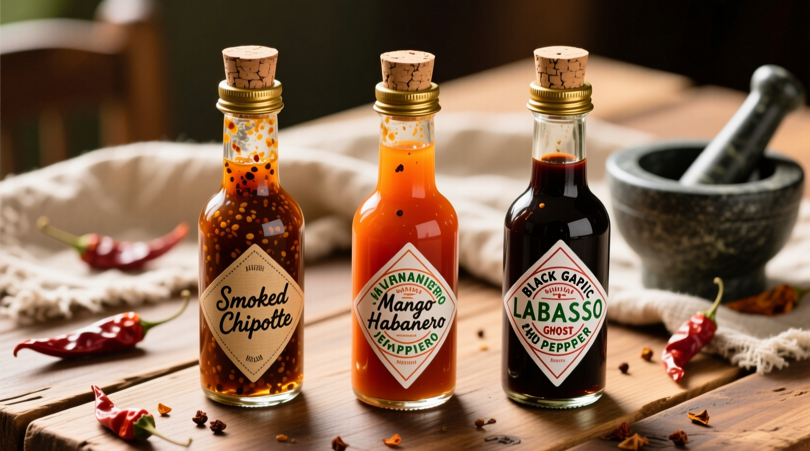 Three homemade Tabasco sauce variations in bottles