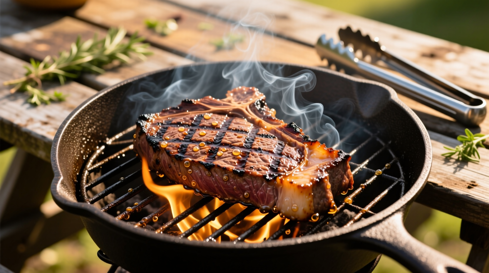 Skirt steak sizzling on grill with char marks