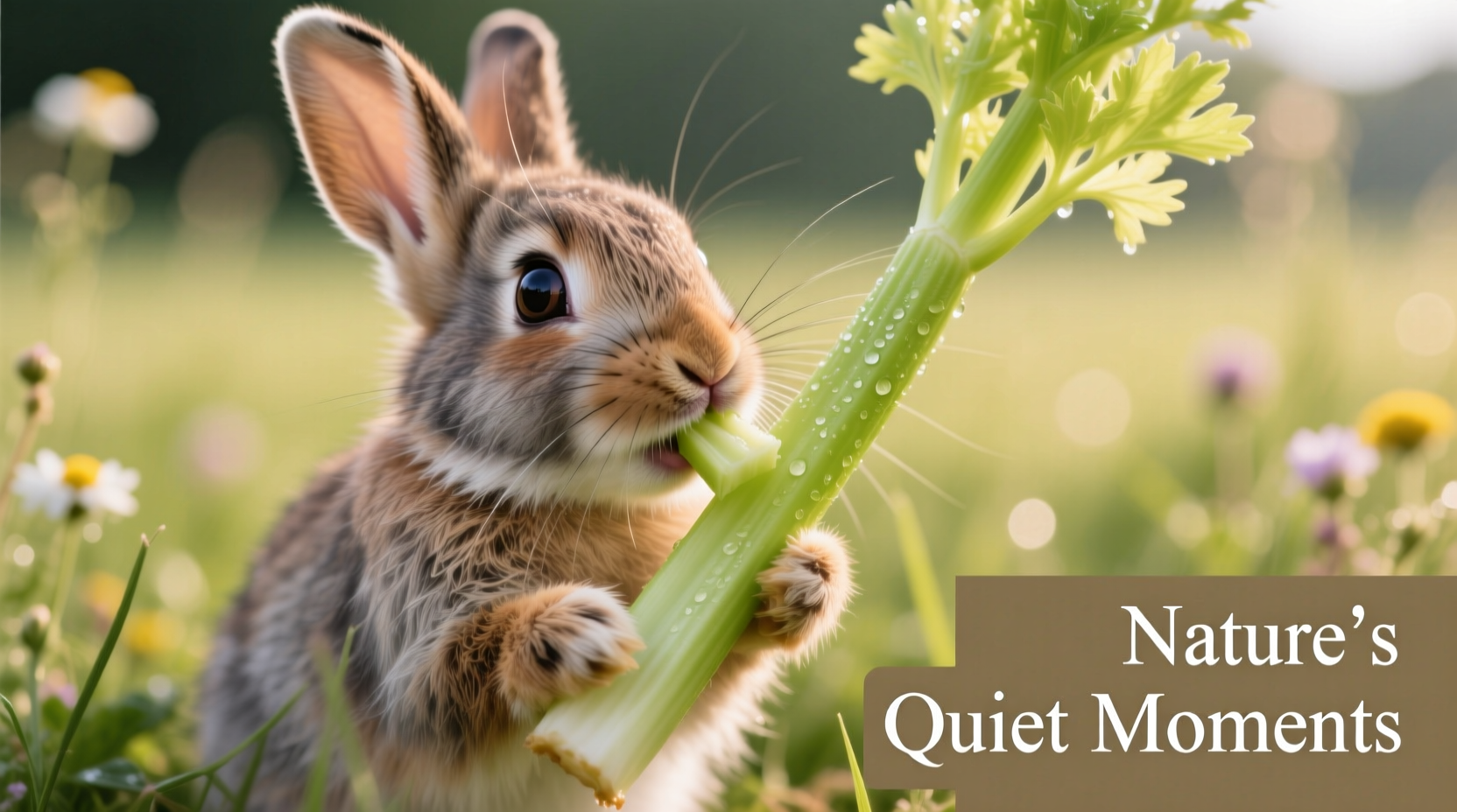 Rabbit nibbling on small piece of celery