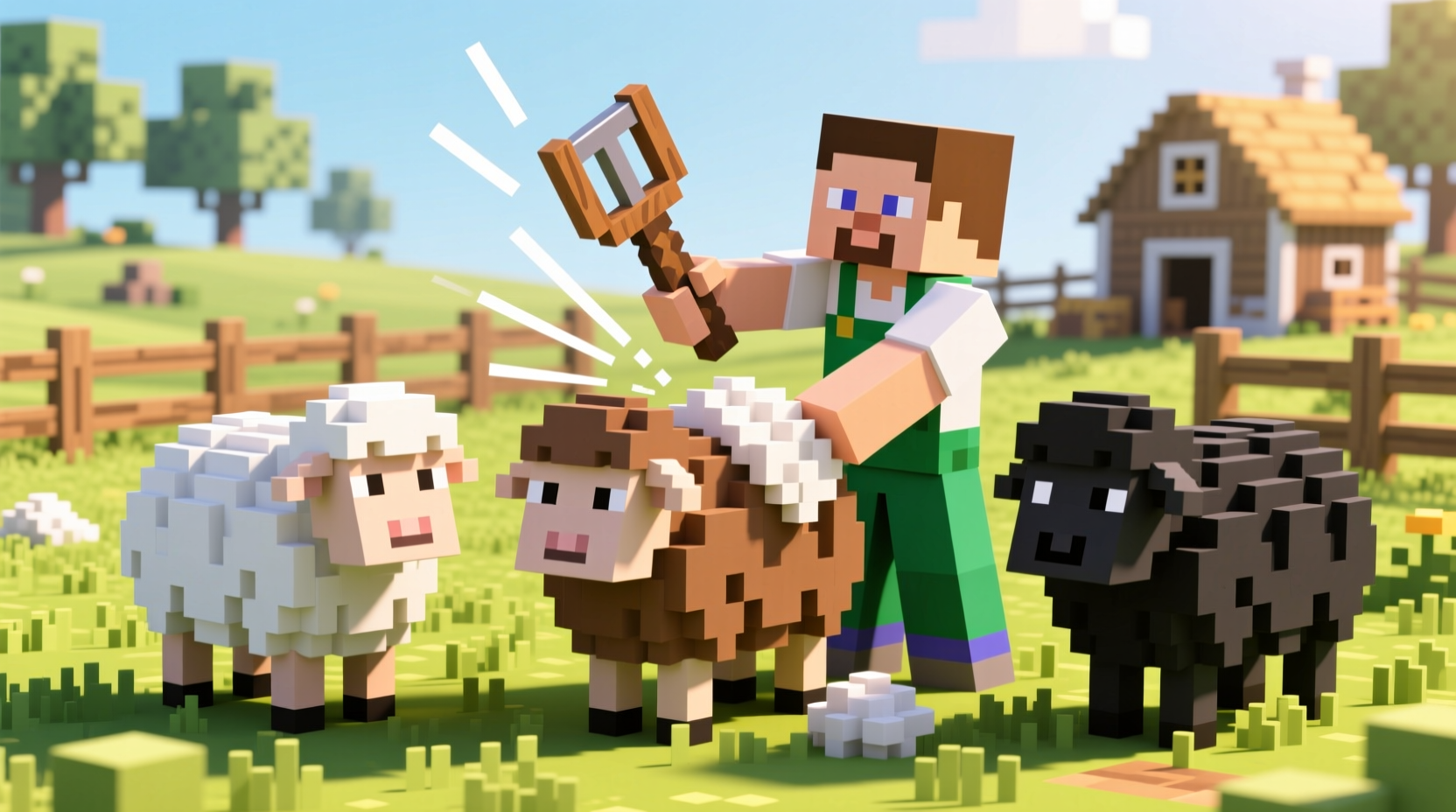 Shearing sheep for wool in Minecraft