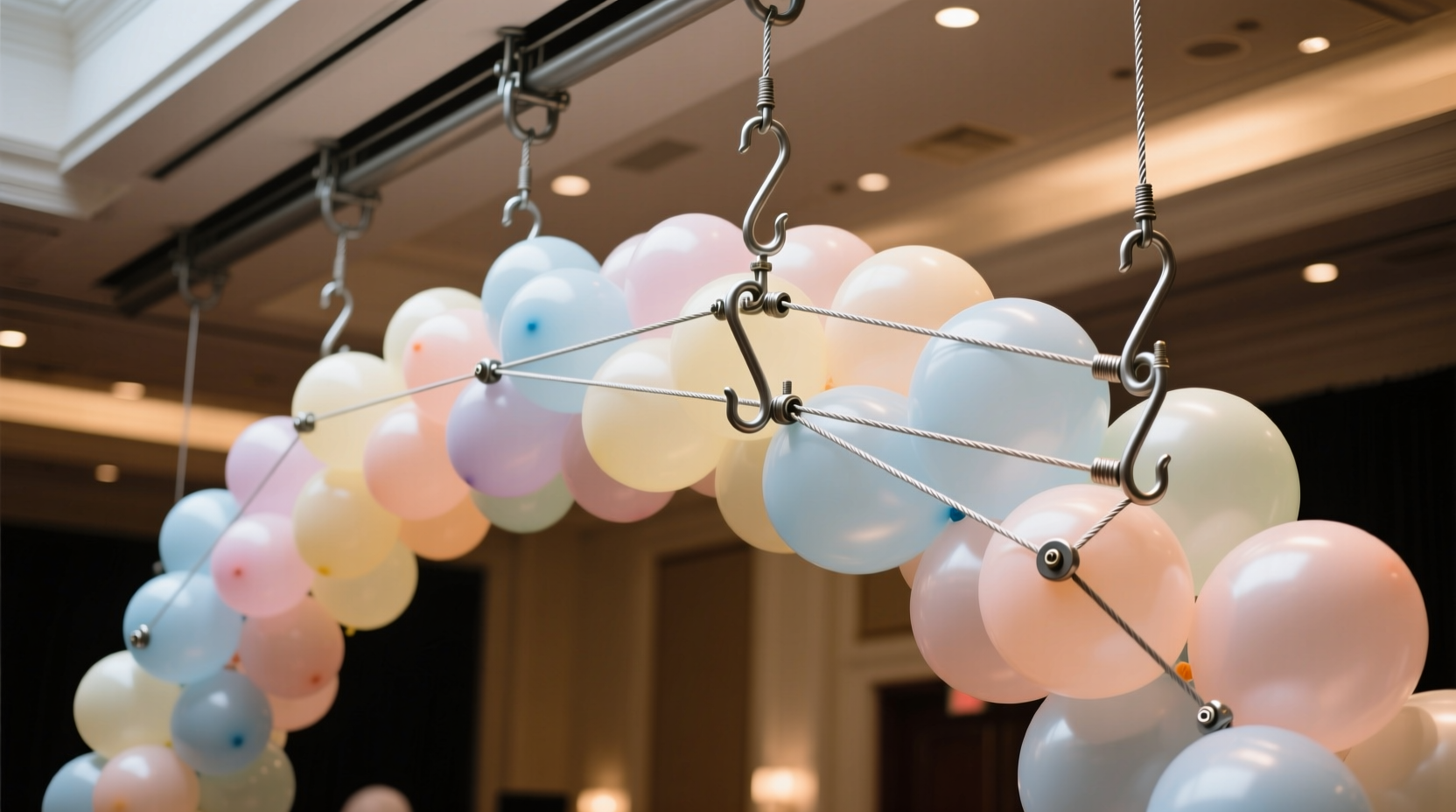 Balloon arch installation showing tension points and hook placement