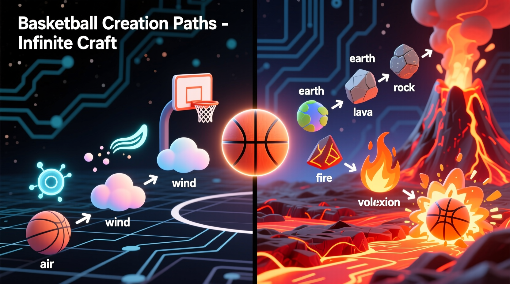 Comparison of basketball creation paths in Infinite Craft