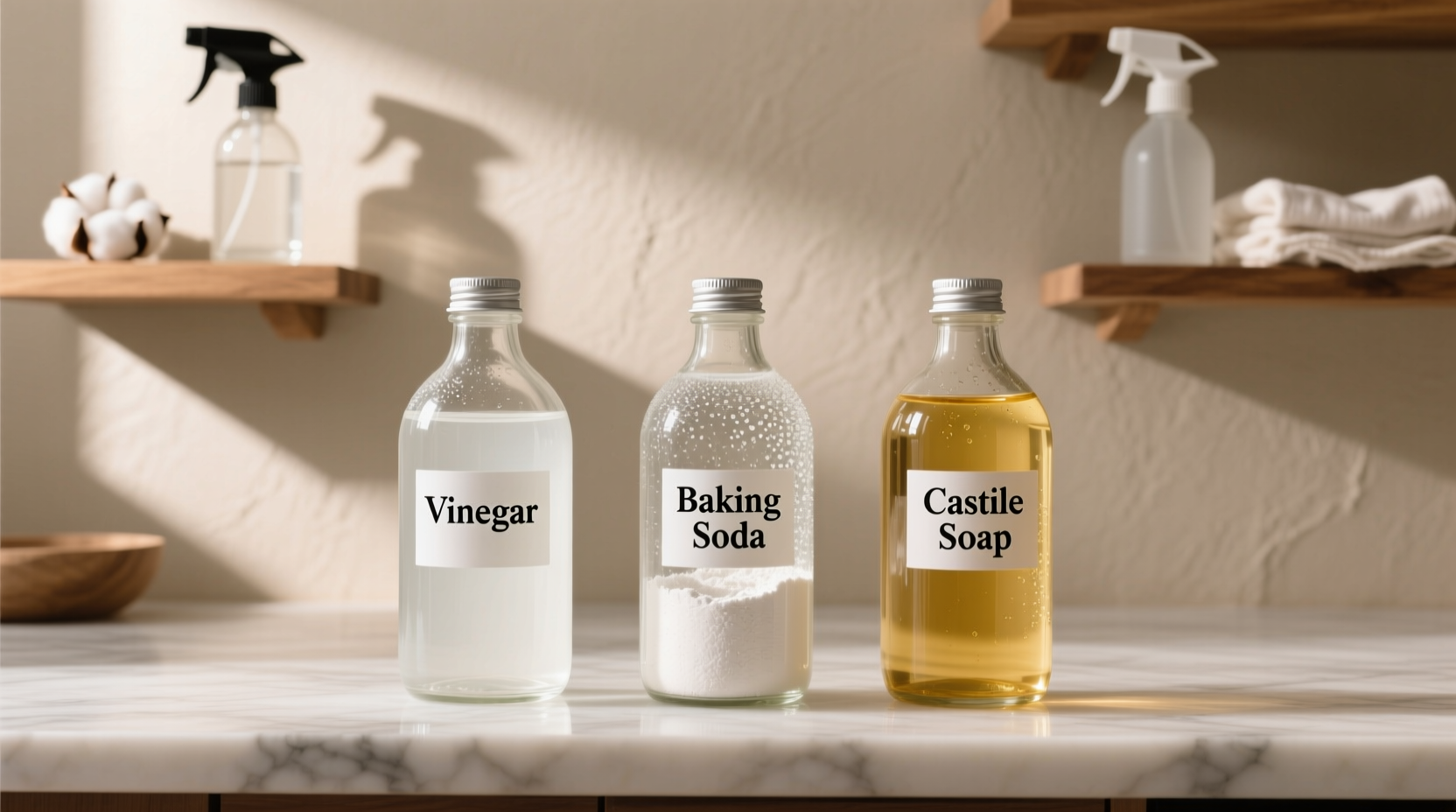 Vinegar baking soda and castile soap for shower cleaner