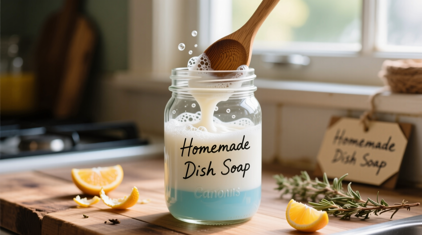 Mixing DIY dish soap in mason jar with wooden spoon