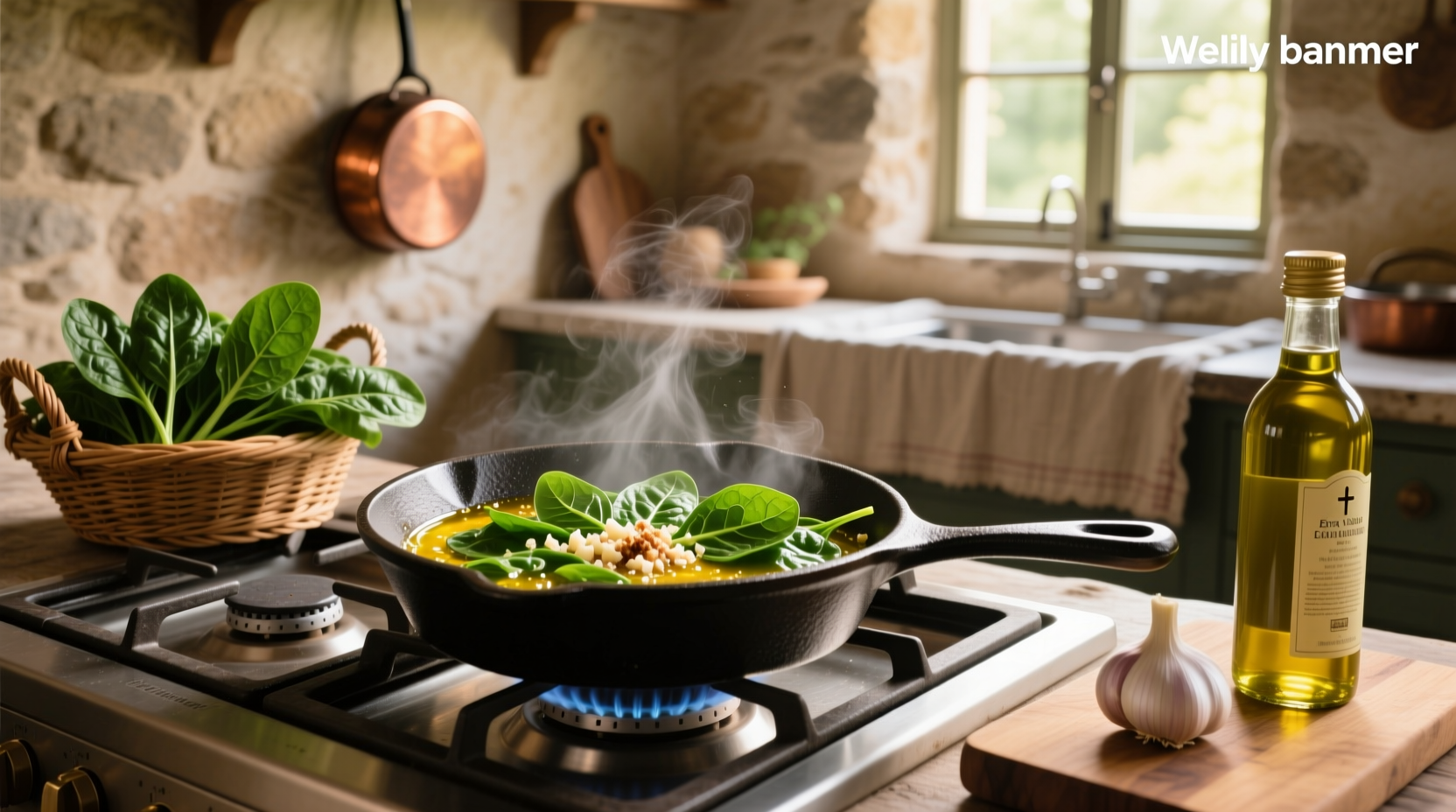 Close-up of fresh spinach leaves being tossed in a hot skillet with garlic