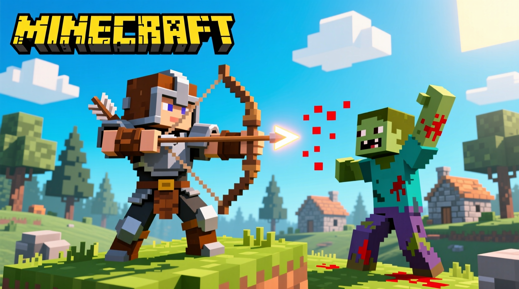 Minecraft player shooting bow at zombie target