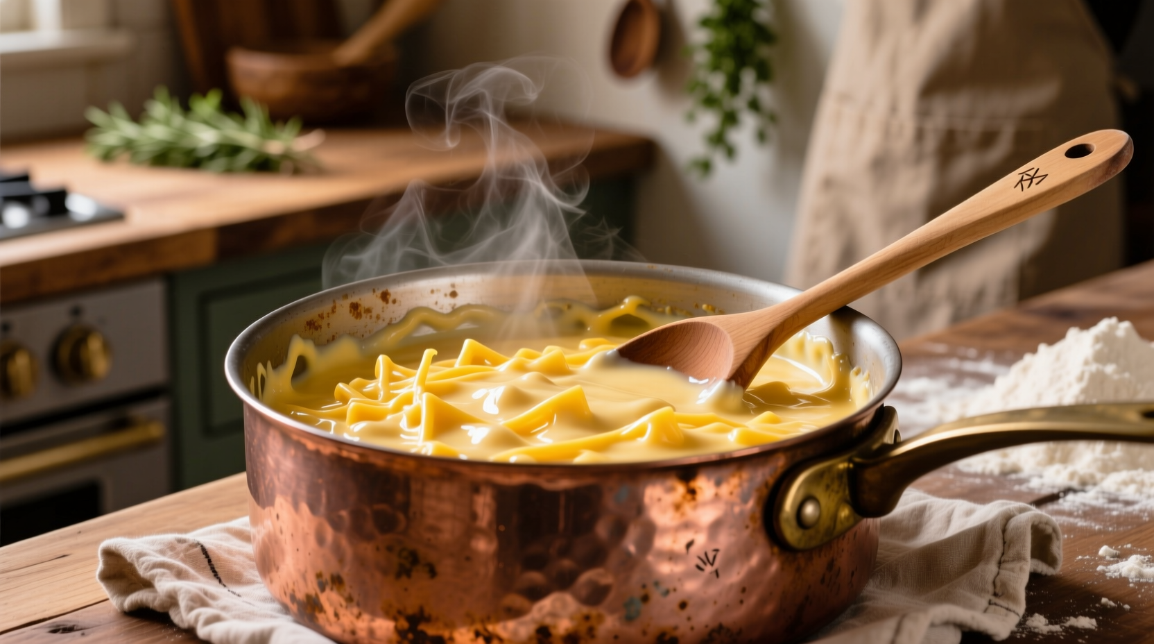 Smooth homemade mac and cheese sauce in copper pot