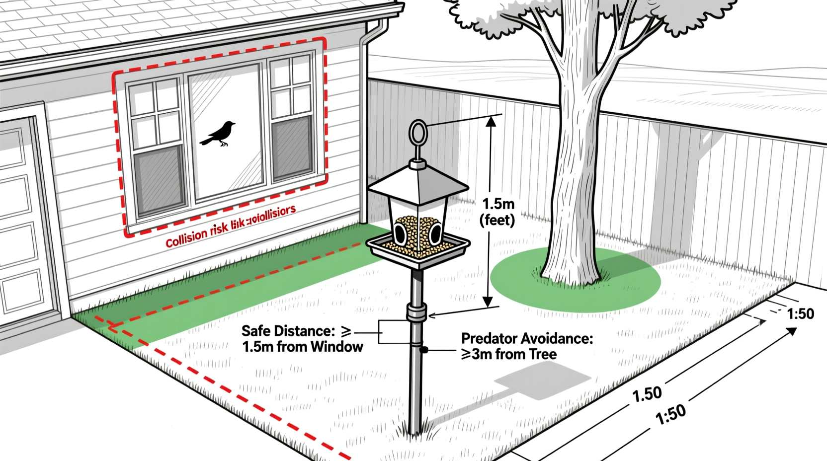 Bird feeder placement diagram showing safe distances from windows and trees