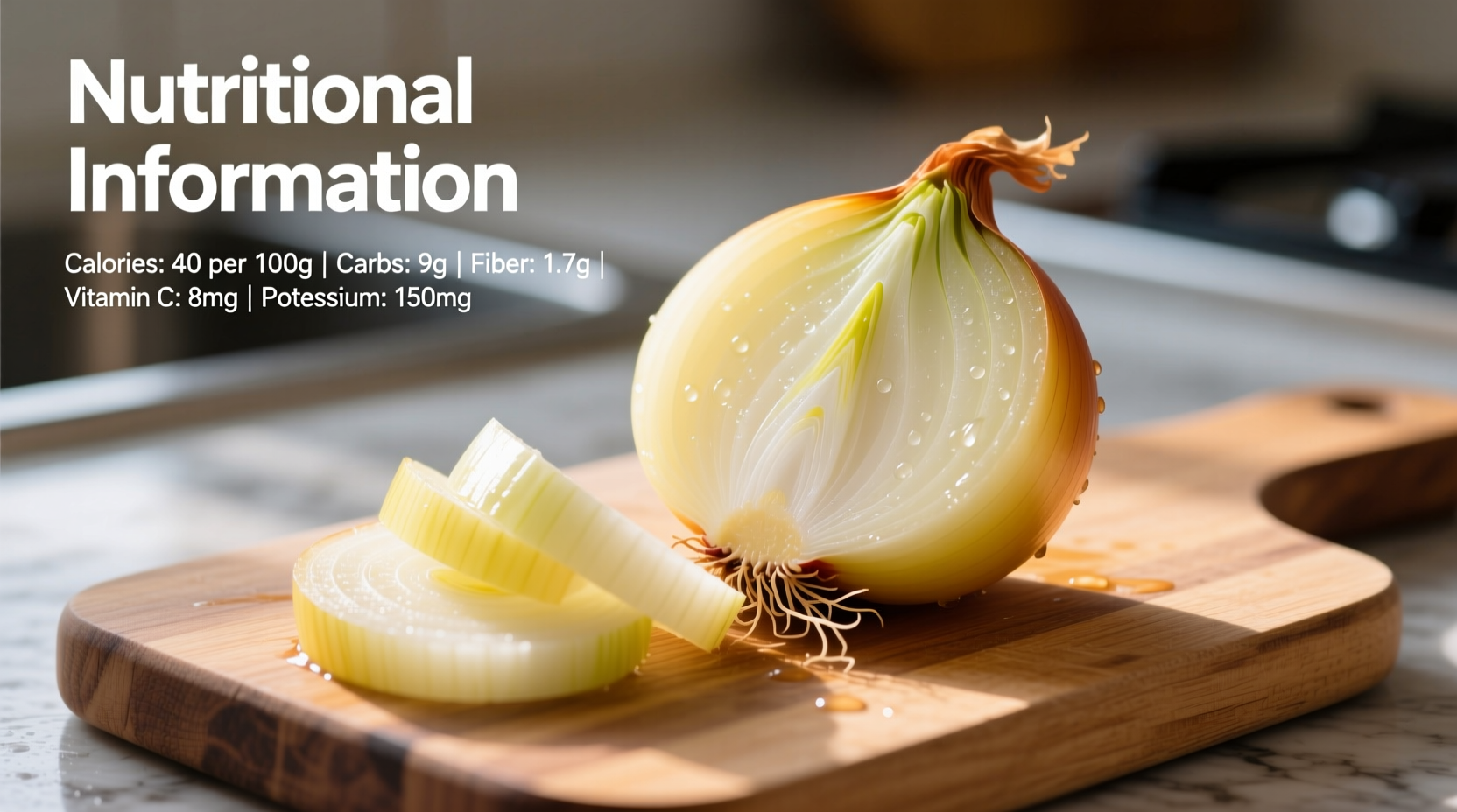 Yellow onion nutritional information on cutting board