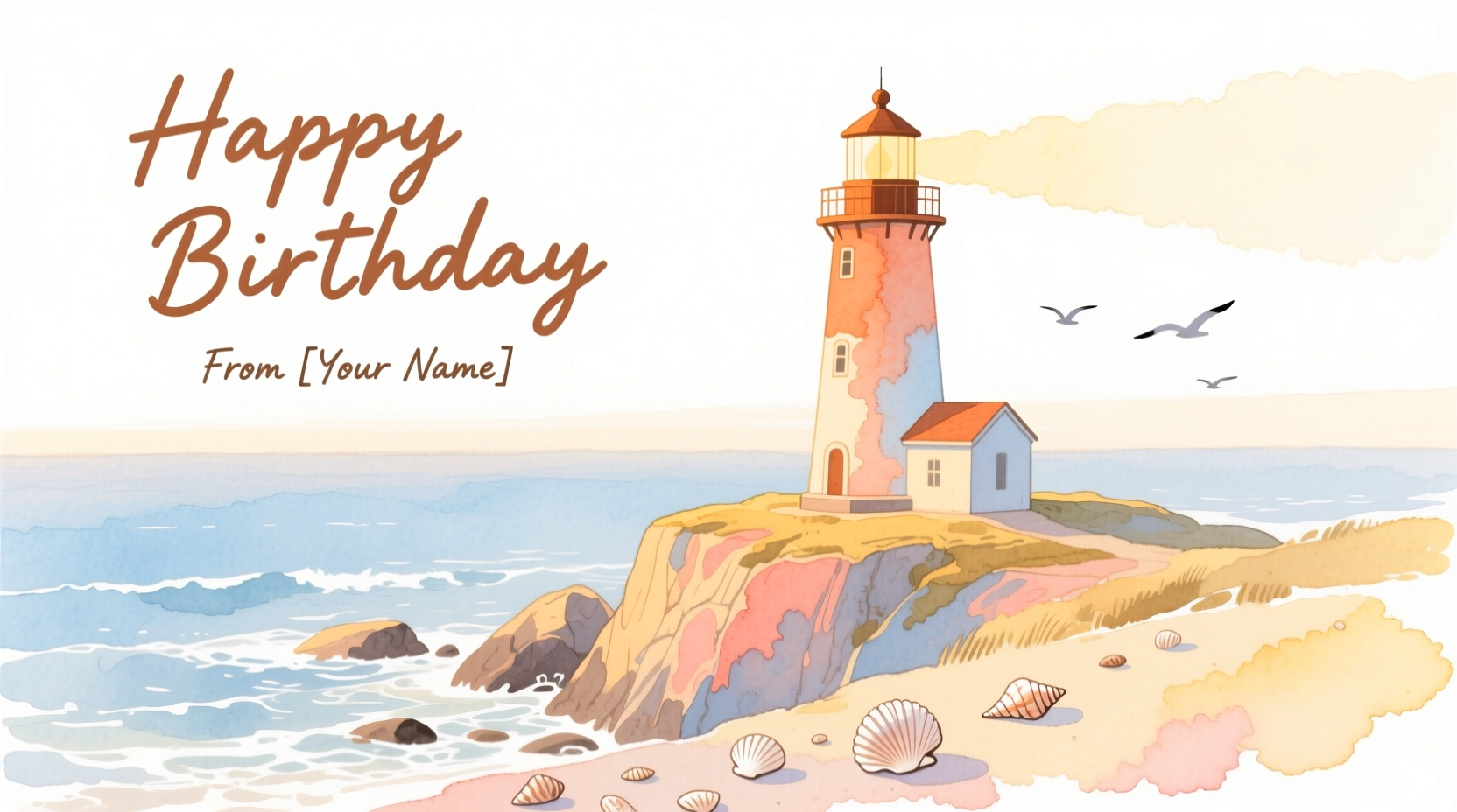 Ginger Maine birthday card featuring watercolor lighthouse design