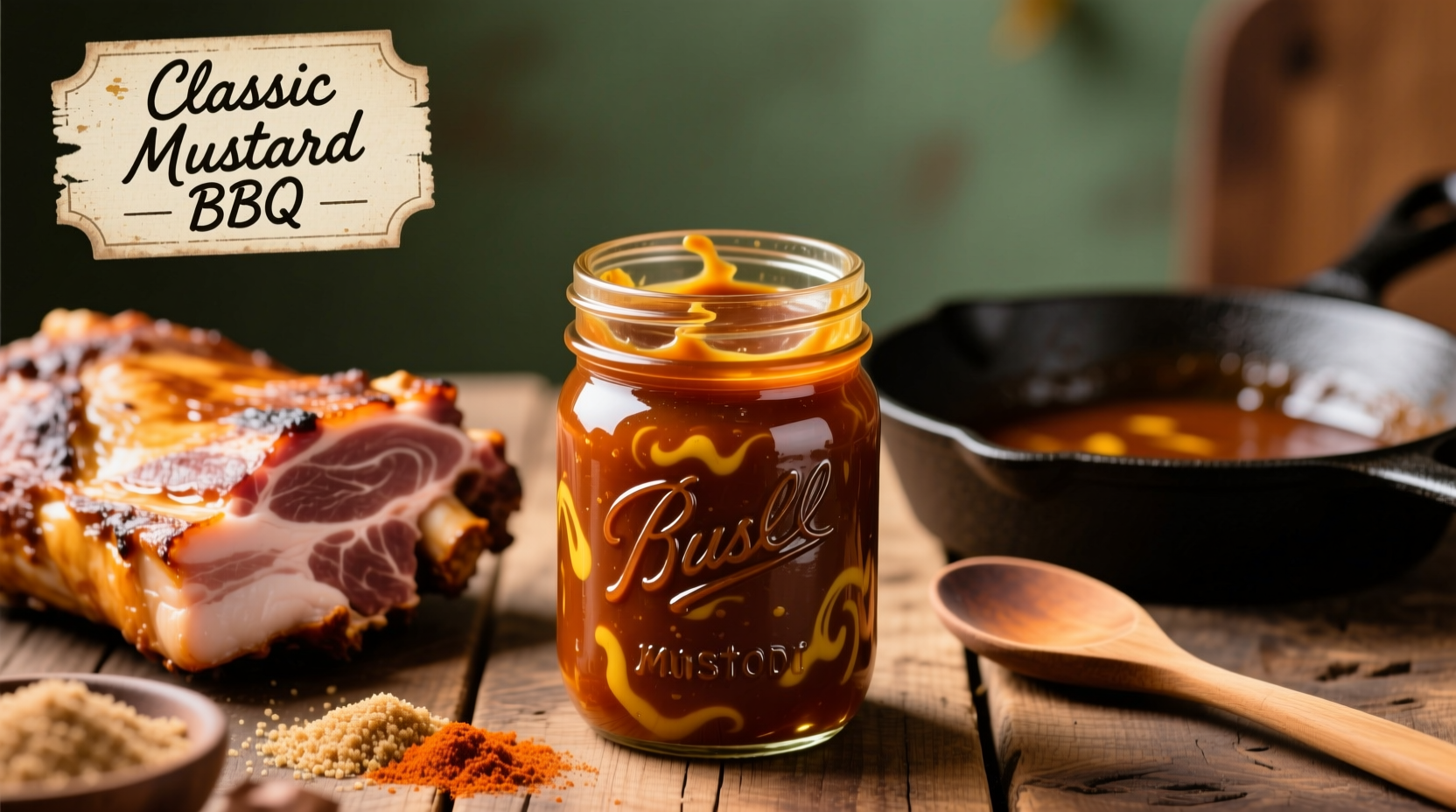 Homemade mustard barbecue sauce in mason jar with pork shoulder
