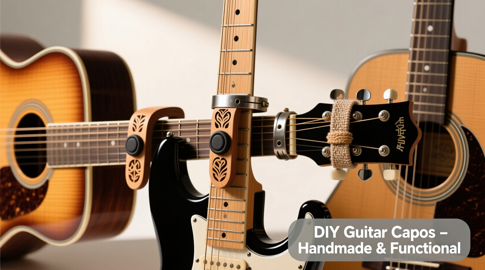 Three DIY capos on different guitar types