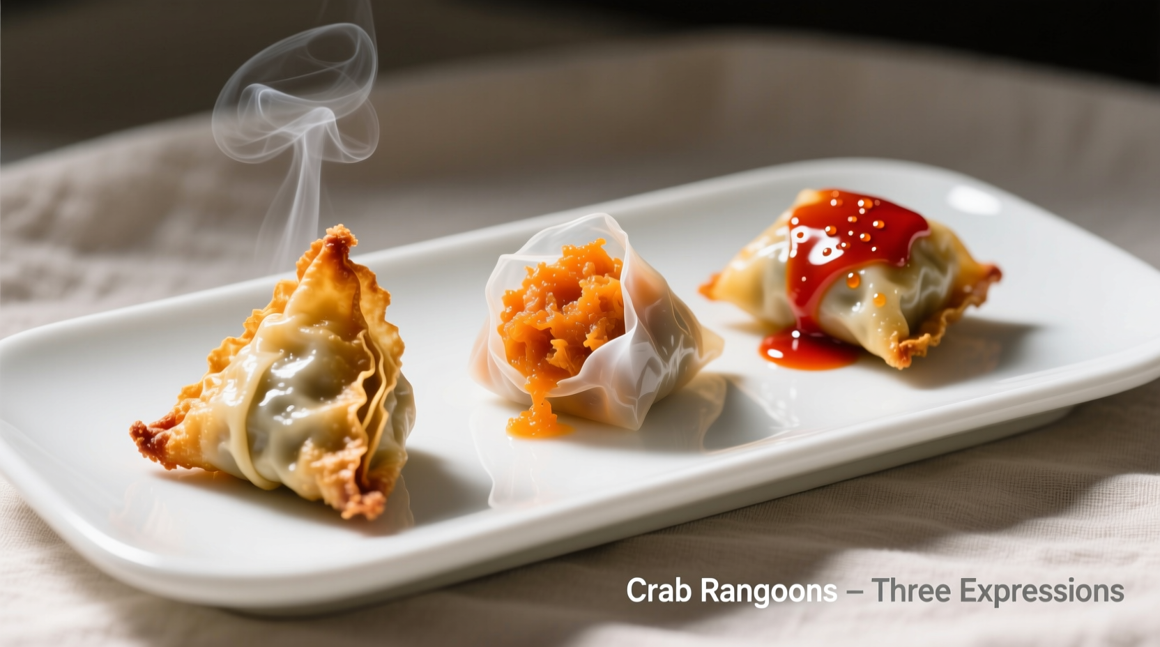 Three crab rangoon variations on serving platter