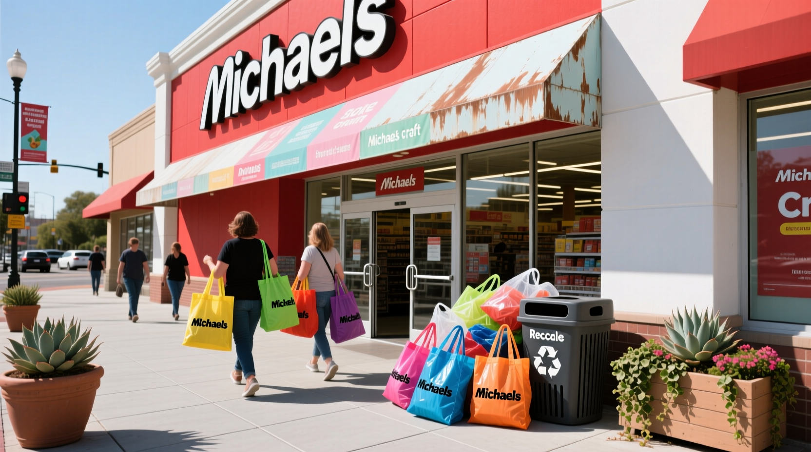Michaels craft store exterior with shopping bags and signage