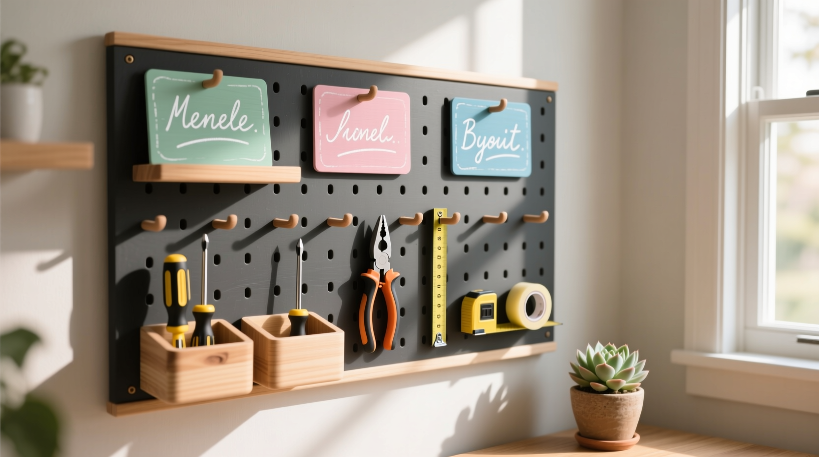 DIY pegboard accessory organizer with chalkboard labels