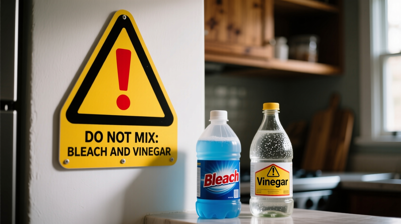 Warning sign next to bleach and vinegar bottles