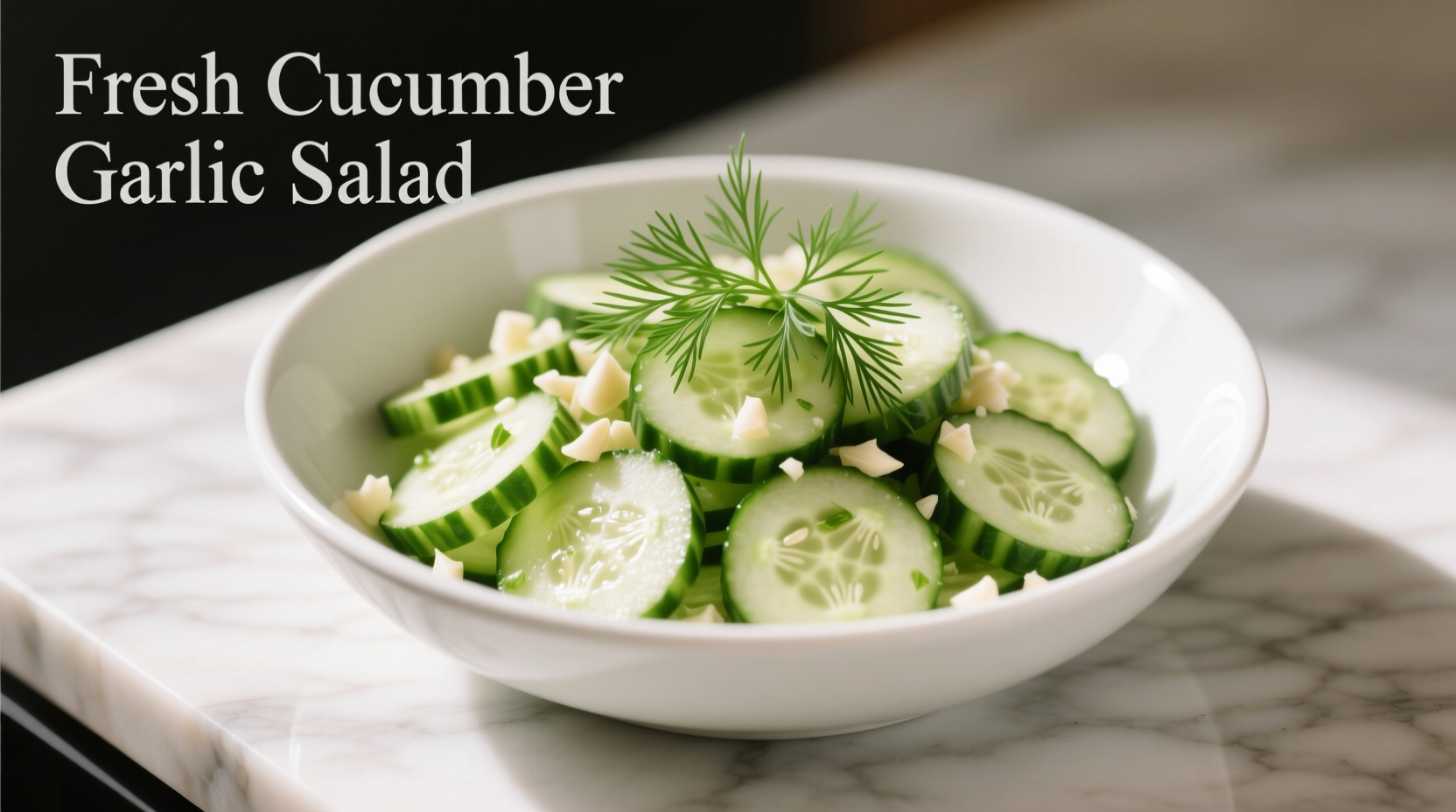 Fresh cucumber garlic salad in white bowl with dill garnish