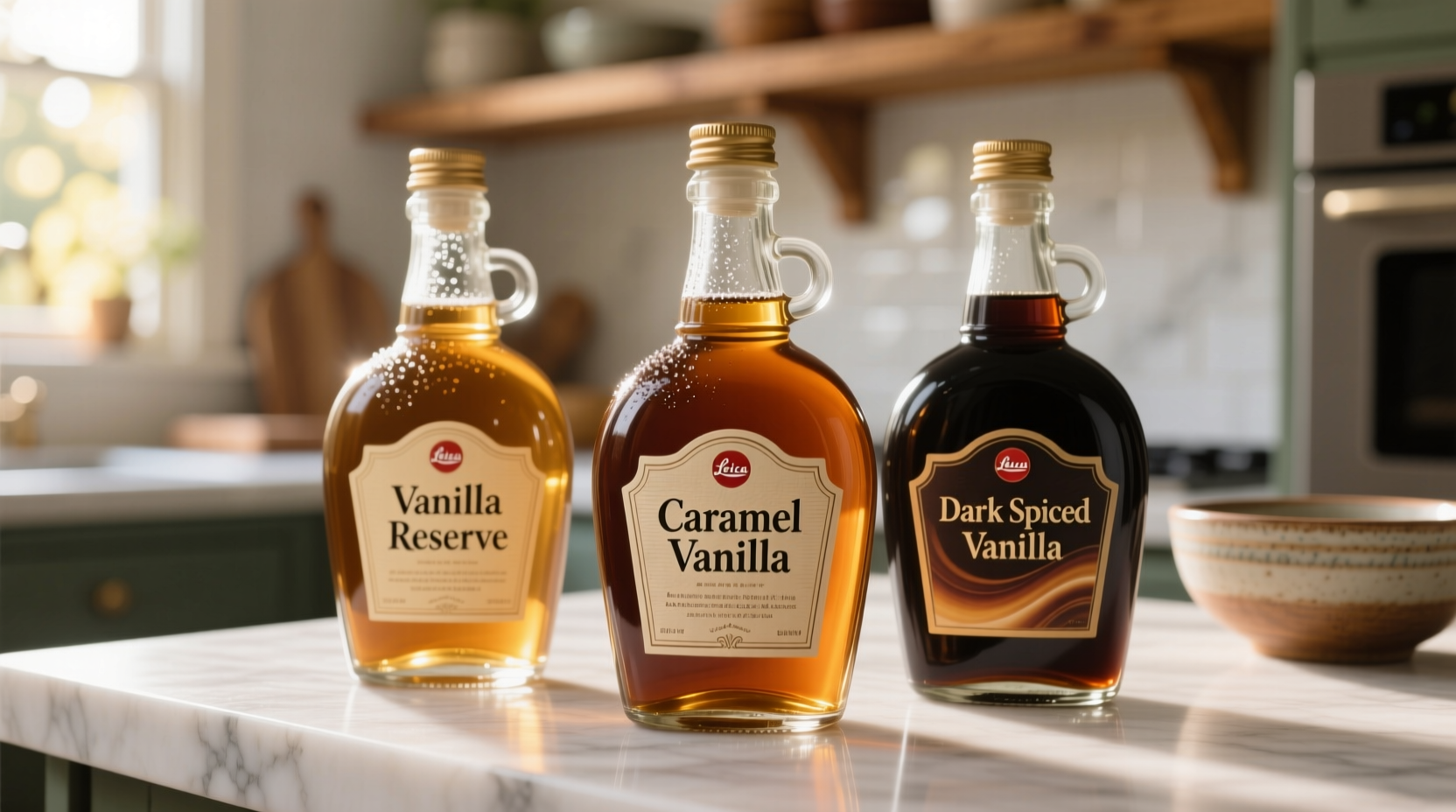 Three glass bottles of vanilla syrup variations on marble surface