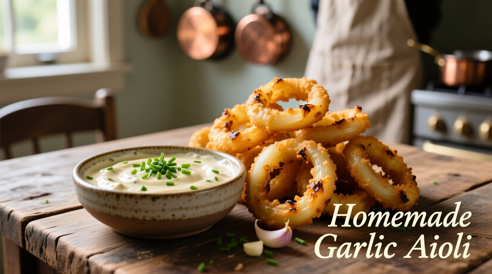 Homemade garlic aioli dipping sauce with golden onion rings