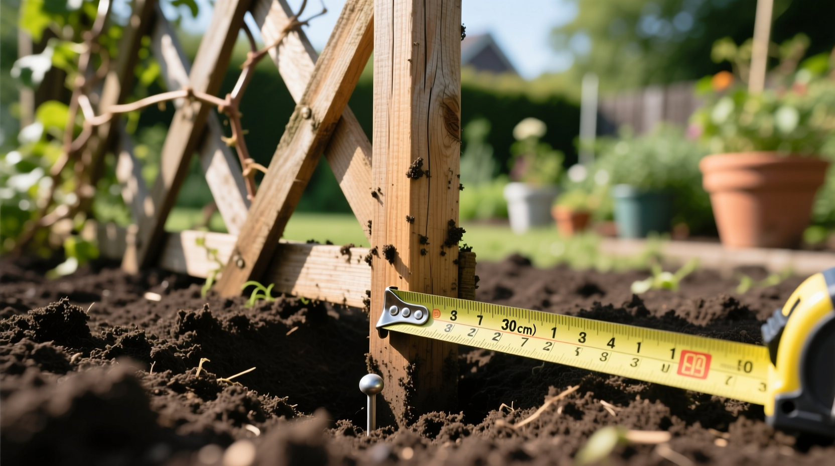 Trellis post installation in garden soil with measuring tape