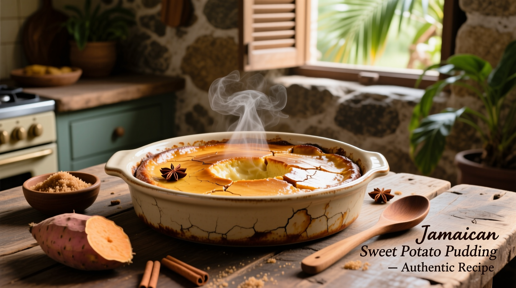Authentic Jamaican sweet potato pudding in baking dish
