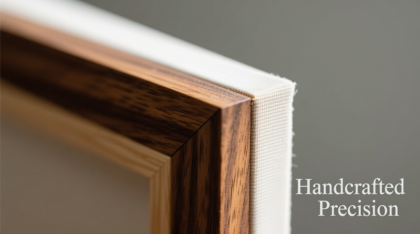 Close-up of perfectly joined mitered corner on handmade canvas frame
