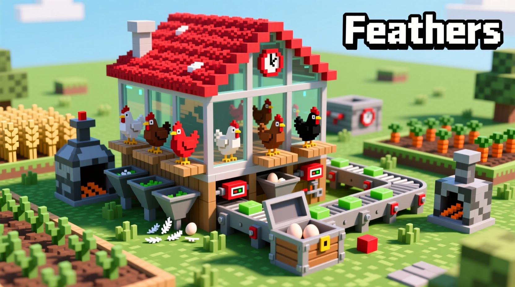 Minecraft chicken farm design for automatic feather collection