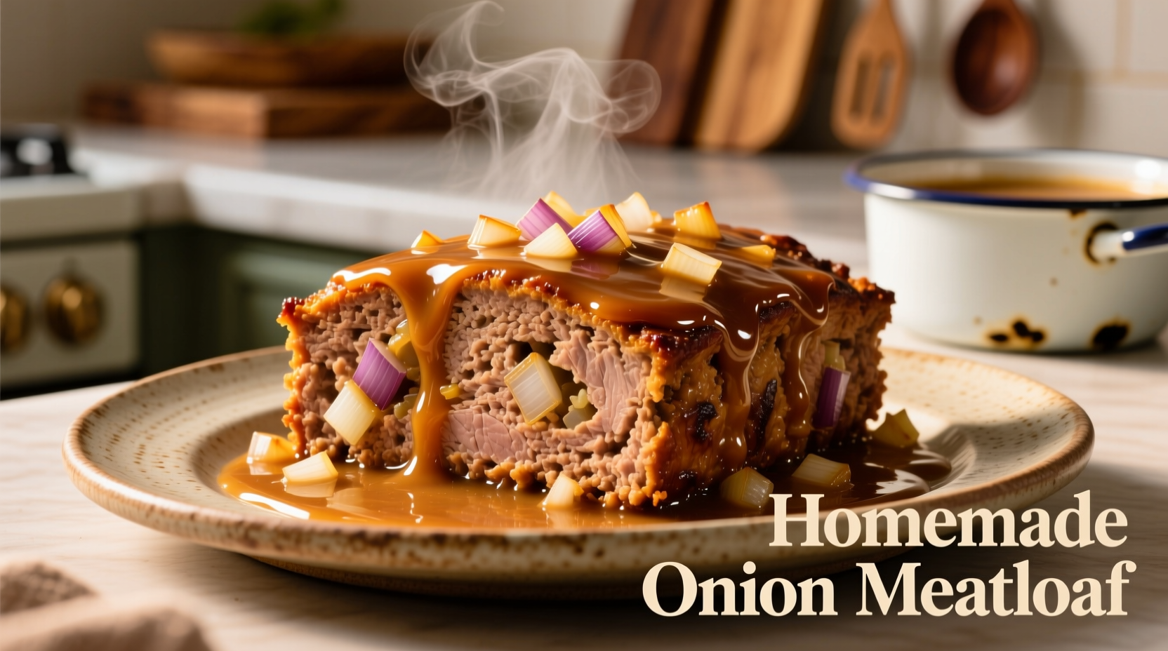 Sliced meatloaf with onion soup mix on platter
