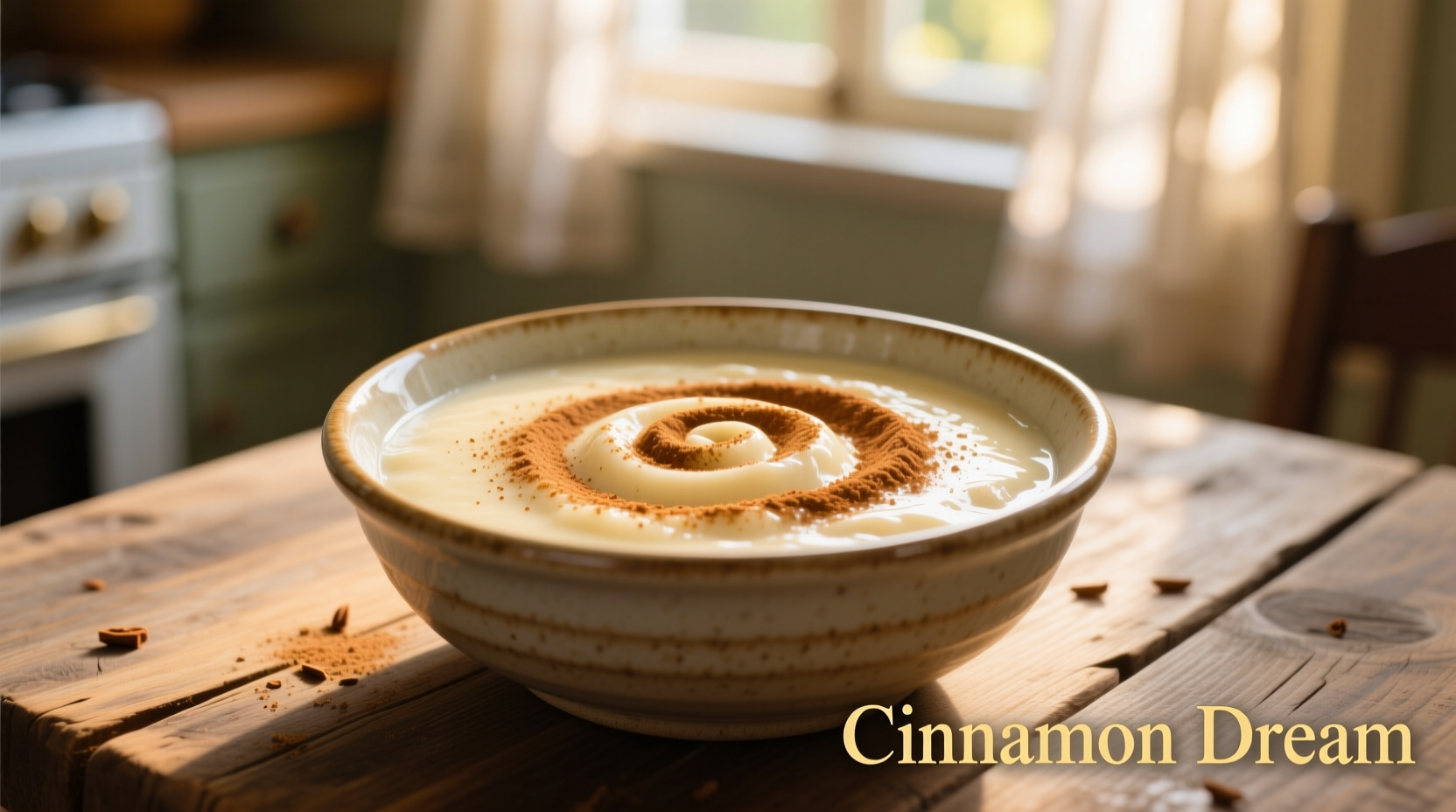 Creamy rice pudding in ceramic bowl with cinnamon sprinkle